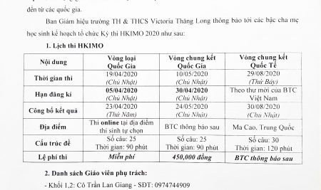 Thông báo về Kỳ thi Olympic Toán học Quốc tế HKIMO 2020