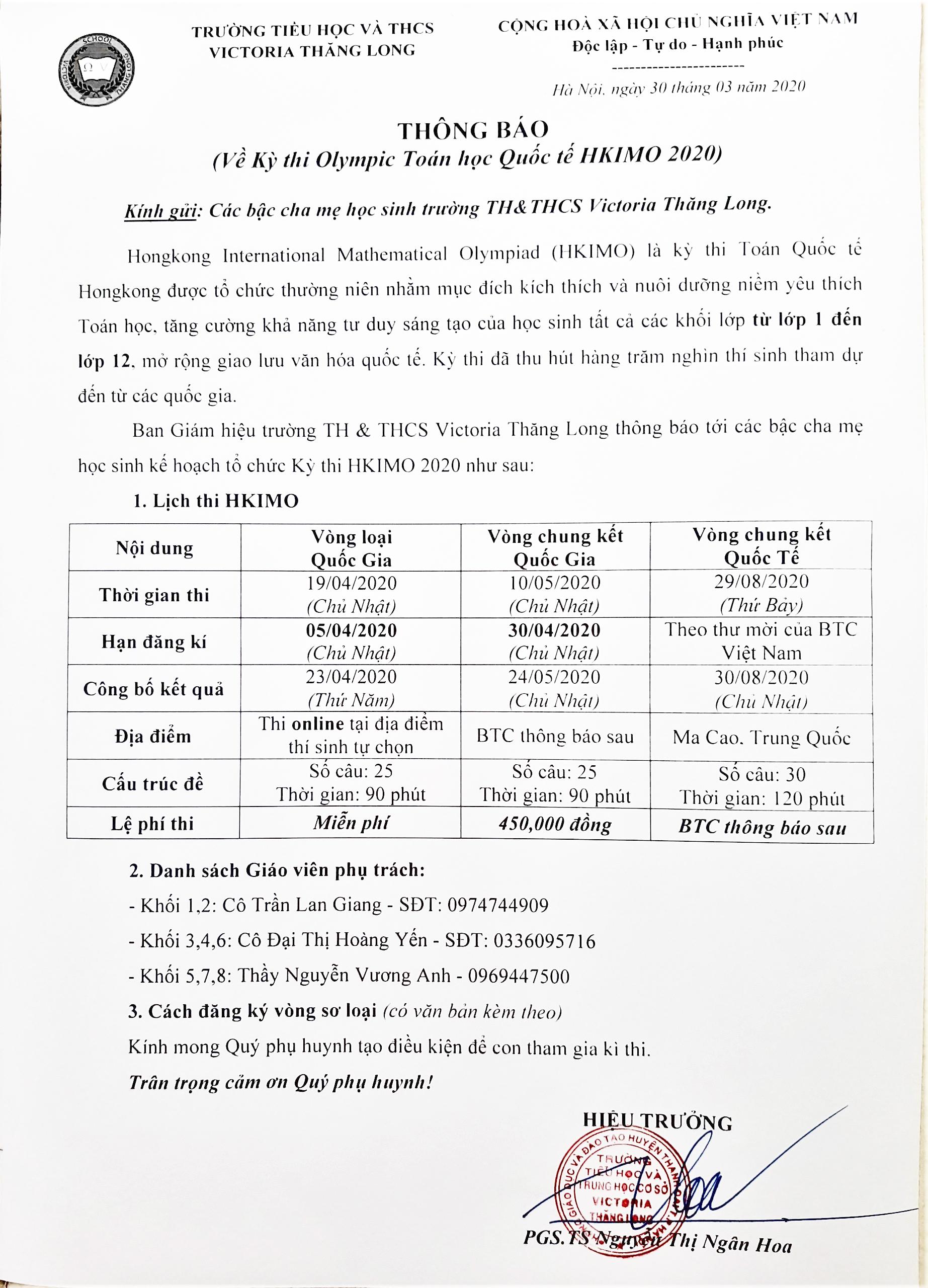 Thông báo về Kỳ thi Olympic Toán học Quốc tế HKIMO 2020