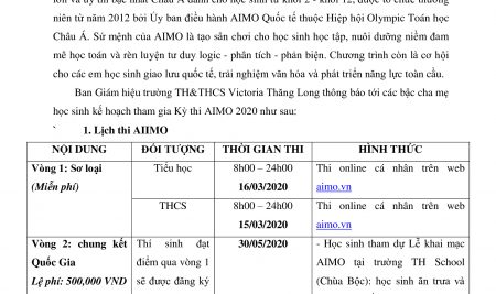 Thông báo về kì thi Đấu trường Toán học Châu Á AIMO 2020