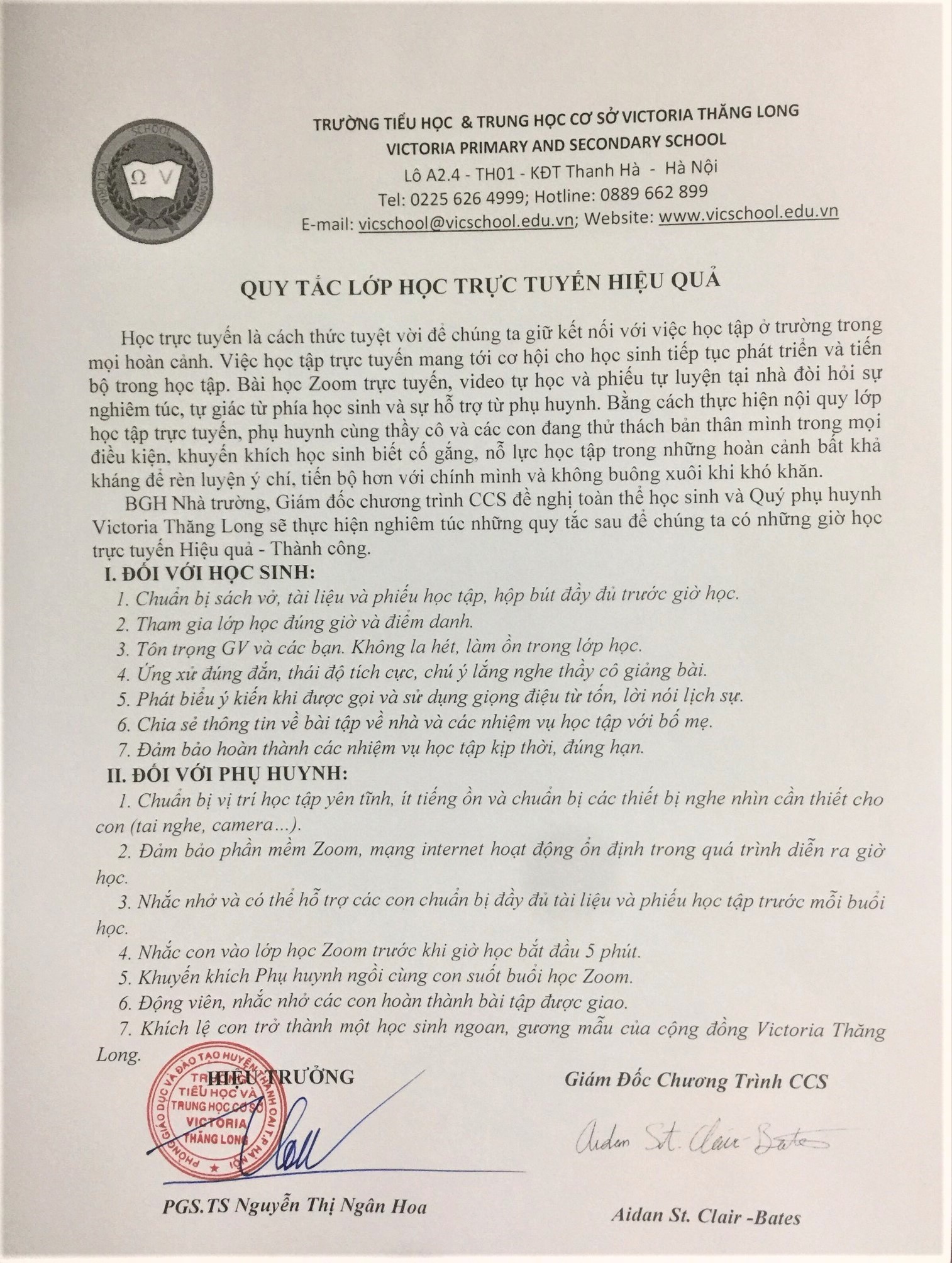Quy tắc lớp học trực tuyến hiệu quả (dành cho PH & HS Victoria Thăng Long)