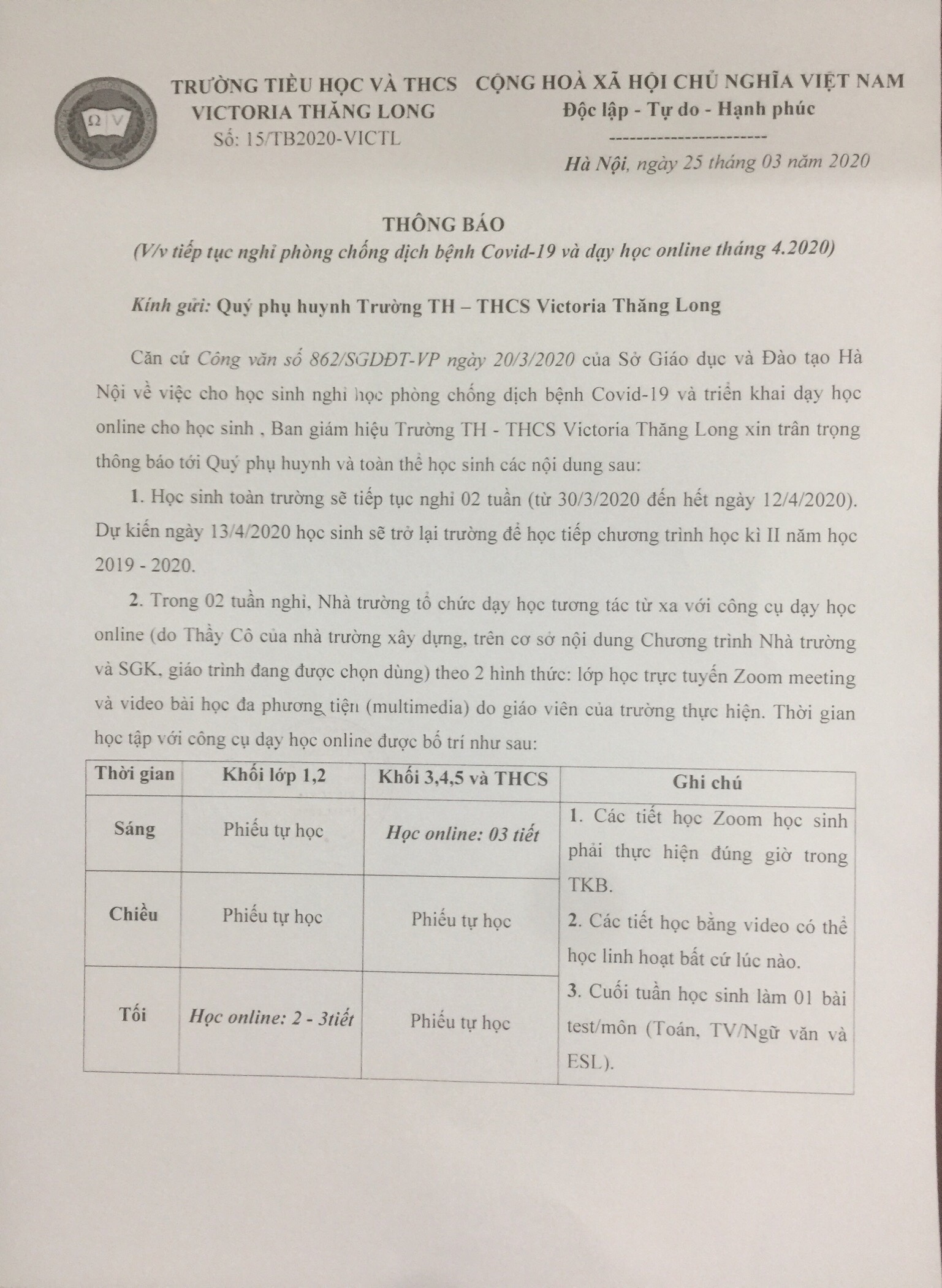 THÔNG BÁO VỀ VIỆC TIẾP TỤC NGHỈ HỌC PHÒNG CHỐNG DỊCH BỆNH COVID-19 VÀ DẠY HỌC ONLINE THÁNG 4-2020