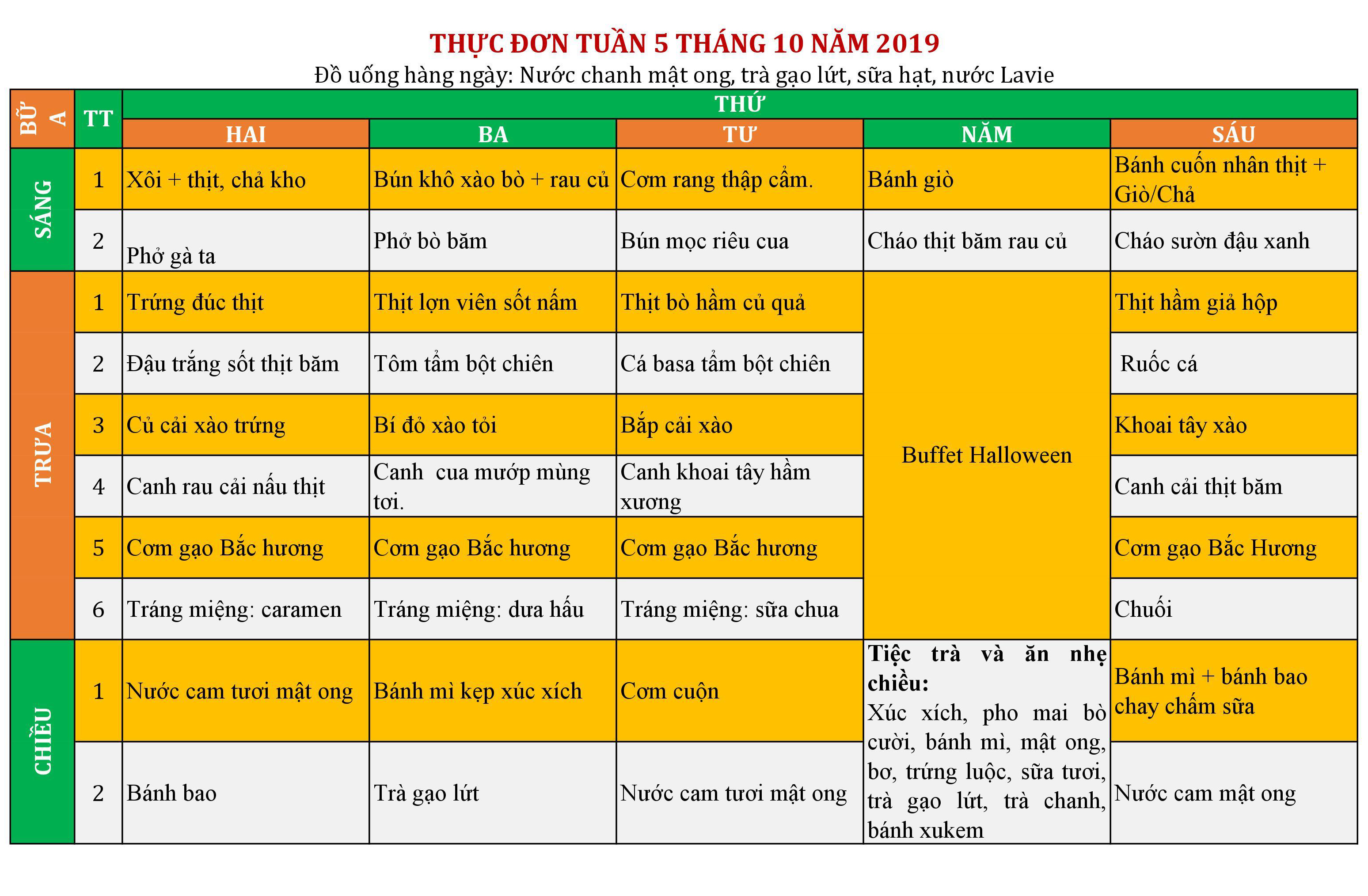 Thực đơn tháng 10 tuần 5 tại Vicschool