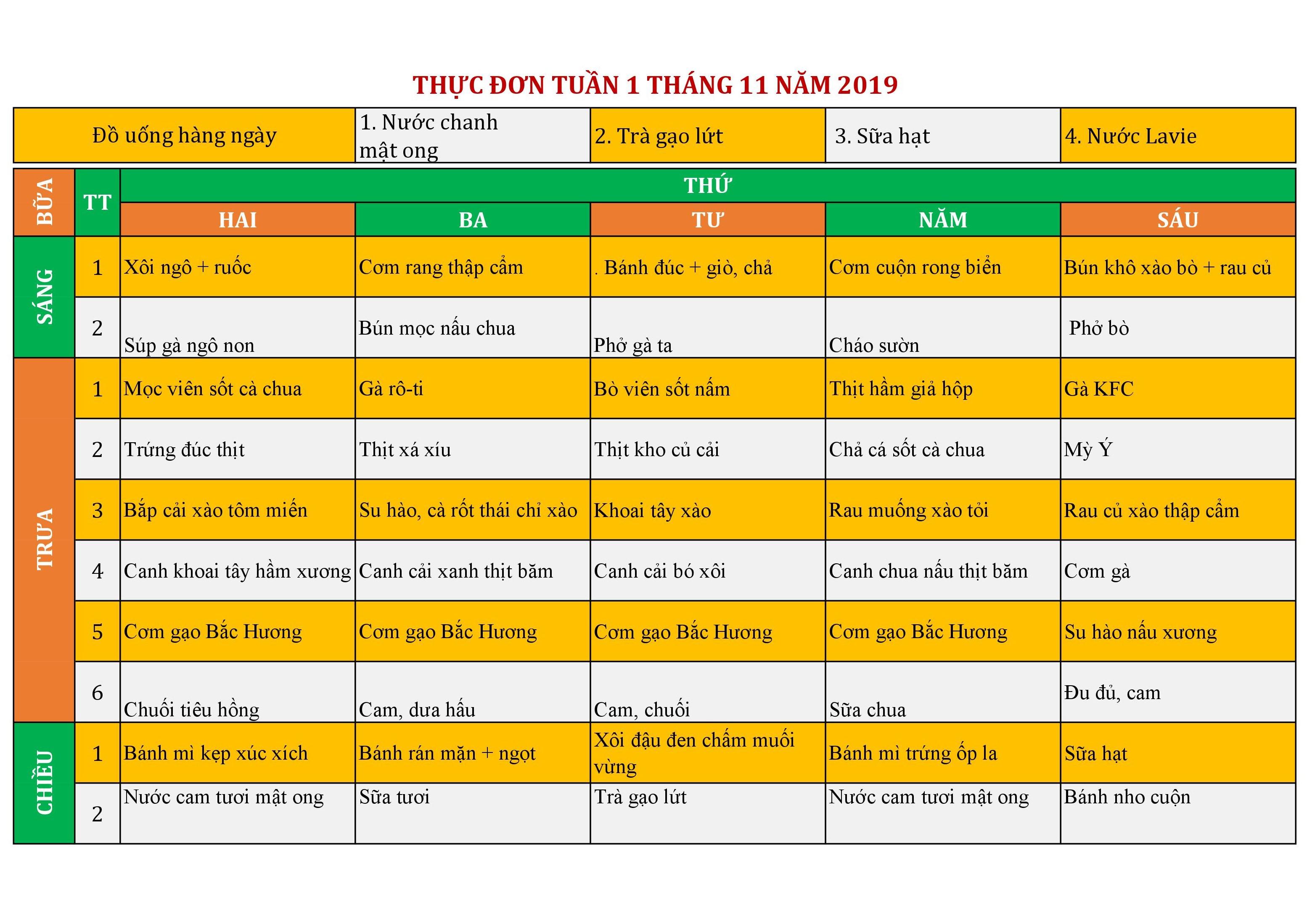 Thực đơn tuần 1 tháng 11 tại Victoria Thăng Long