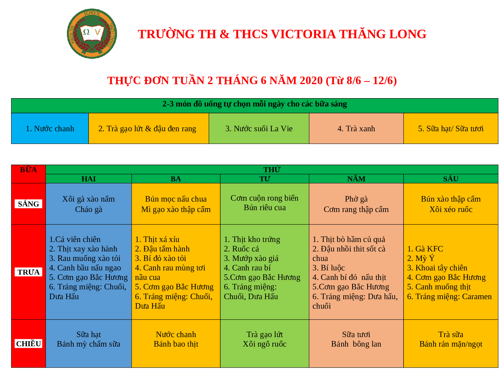 Thực đơn tuần 2 – tháng 6 năm 2020