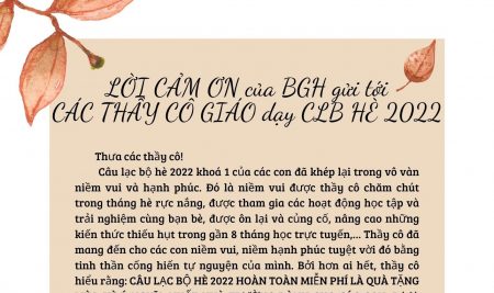 LỜI CẢM ƠN CỦA BGH VICSCHOOL GỬI TỚI CÁC THẦY CÔ DẠY CLB HÈ 2022